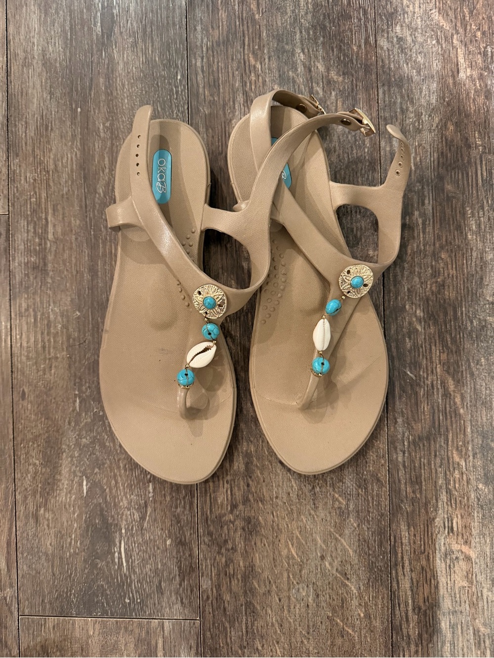 OKA b. Tan Sandals with Turquoise Bead & Shell Accents